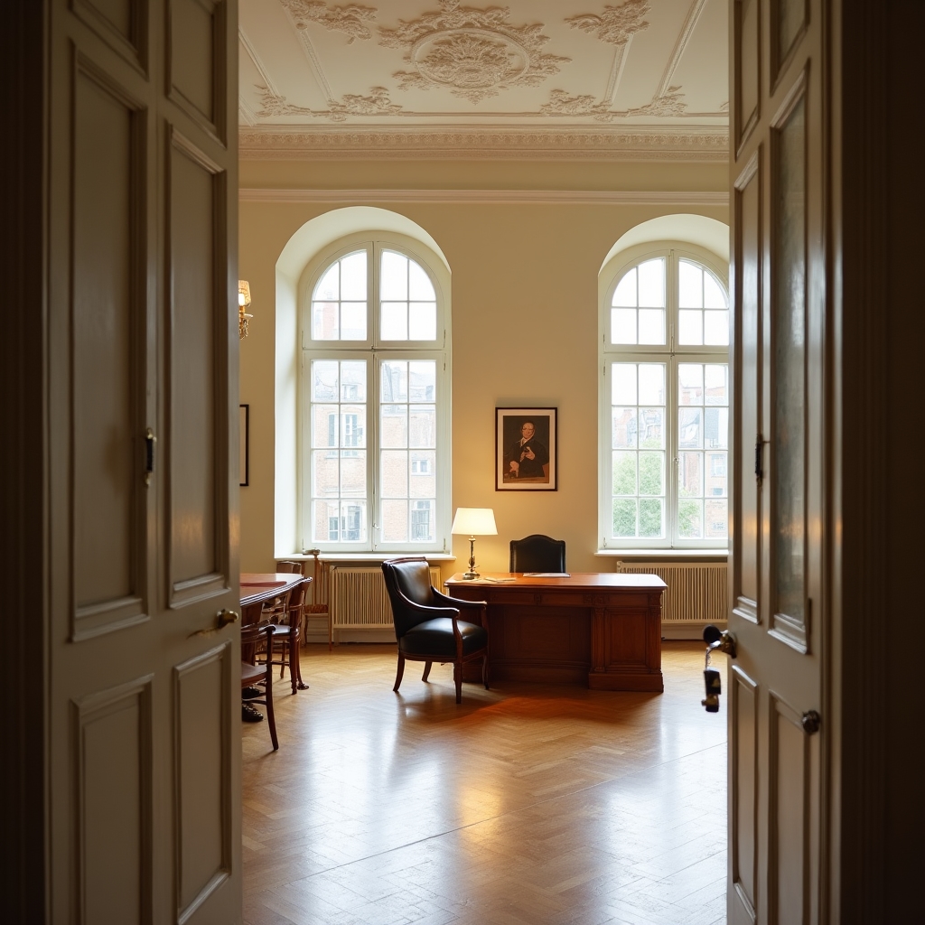 Helles Büro mit Holzmöbeln und großen Fenstern in Frankfurt