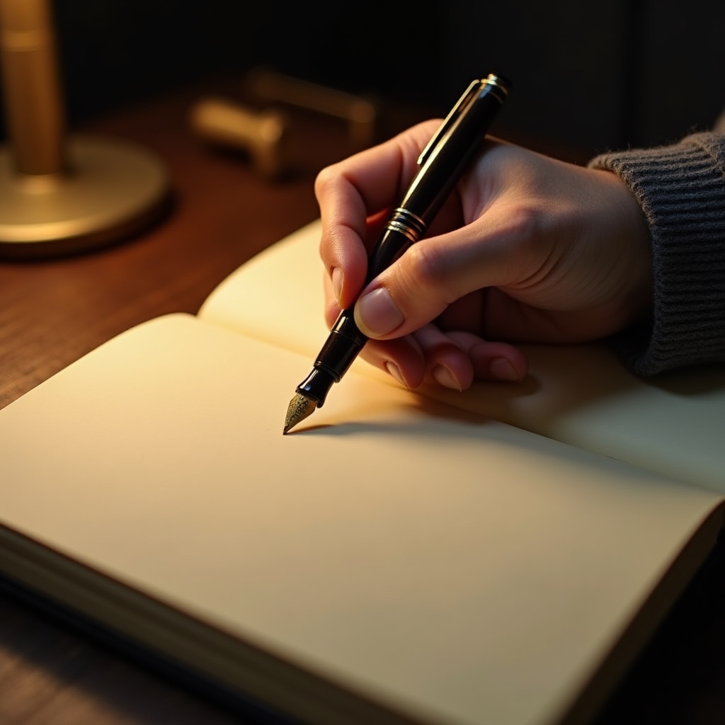 Nahaufnahme einer Hand, die einen Stift über einem leeren Notizbuch hält
