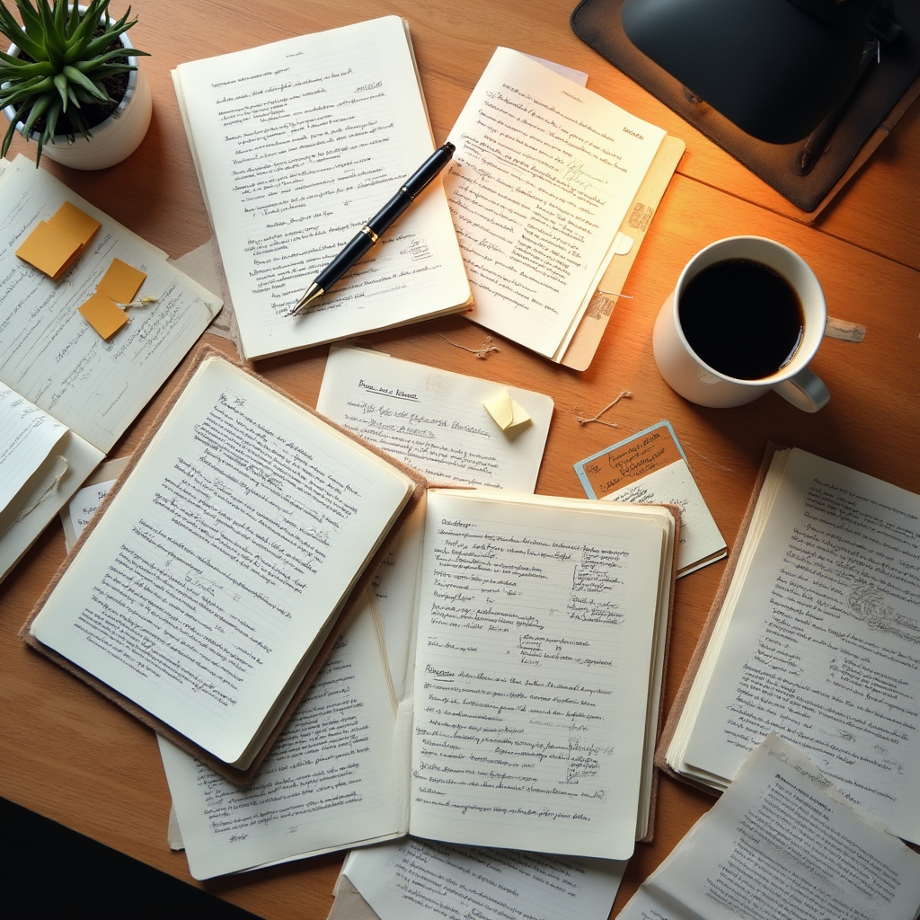 Notizbücher und Konzeptskizzen auf einem Holztisch, Entstehungsprozess sichtbar